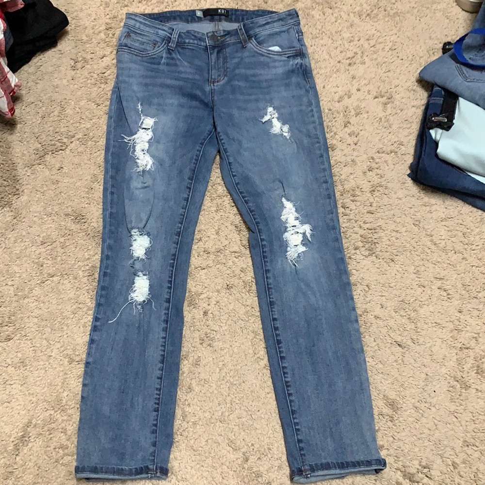 Kut jeans.  Distressed Catherine boyfriend.